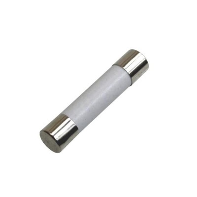 Fusível cilíndrico branco com tampas metálicas prateadas