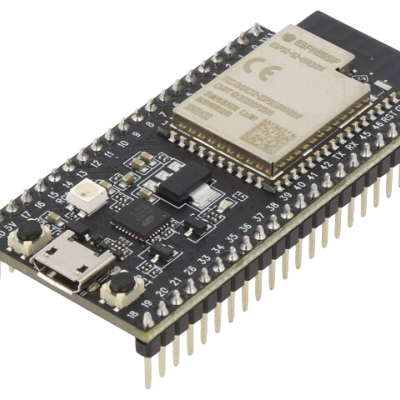 Placa eletrónica preta ESP32-WROOM-32 com módulo, pinos dourados e conector USB tipo C