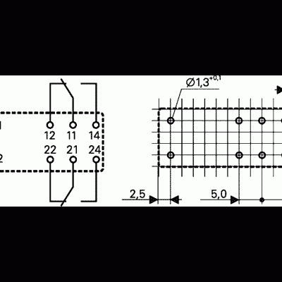Desenho técnico de componente elétrico com layout dos pinos e medidas em milímetros