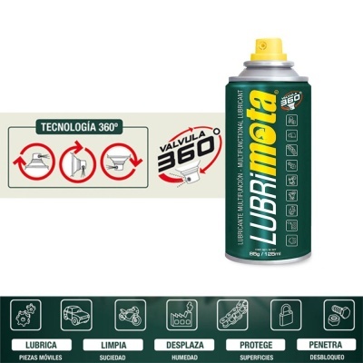 Frasco spray Lubrimpta verde com texto branco e amarelo e instruções de uso.