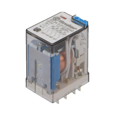 Relé elétrico Omron com capa transparente e estrutura branca