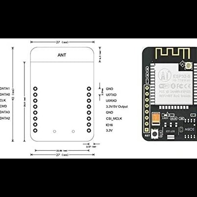 Módulo eletrônico ESP32-S3 preto com esquema técnico de dimensões e pinos ao lado