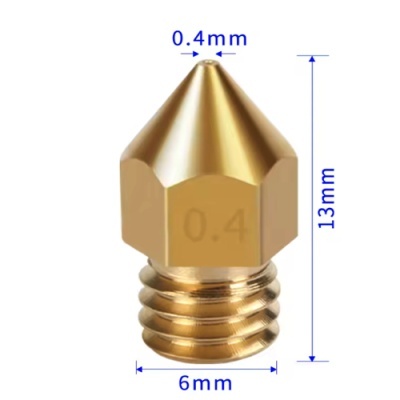 Bico de impressora 3D metálico dourado com dimensões marcadas em azul
