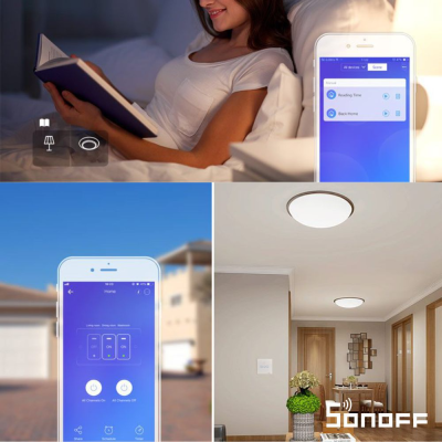 Imagem de várias cenas com mulher a ler, telemóvel a controlar luzes via aplicação SONOFF e candeeiros de teto em casa