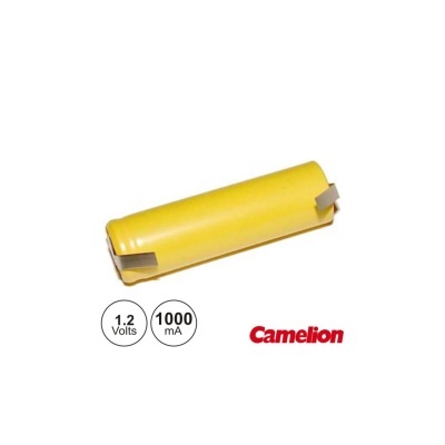 Bateria recarregável amarela com texto 1.2 Volts, 1000 mA e marca Camelion