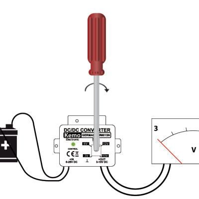 Conversor DC/DC Kemo Electronic ligado a bateria 24V e voltímetro