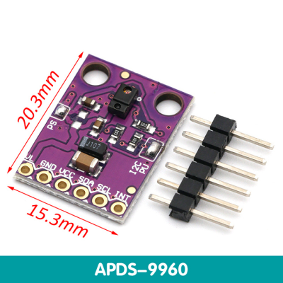 Módulo eletrônico roxo APDS-9960 com pinos separados em fundo branco