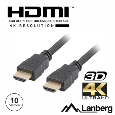 Cabo HDMI preto com conectores dourados e informações sobre 4K e 3D