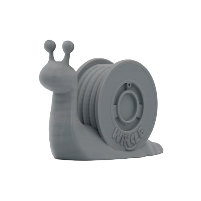 Figura cinzenta de caracol plástico com concha em espiral e texto WINKLE