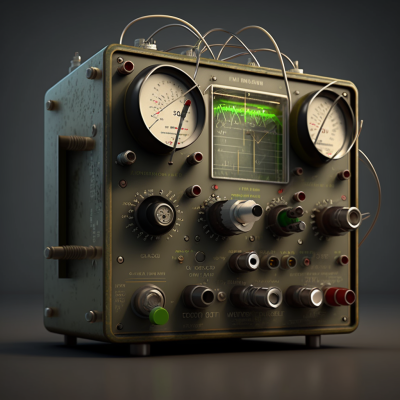 Aparelho eletrônico vintage verde com mostradores analógicos e botões