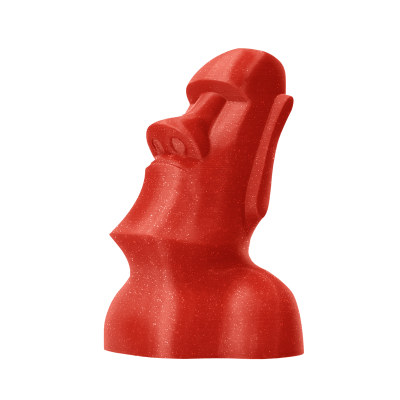escultura vermelha tipo estátua moai em fundo preto