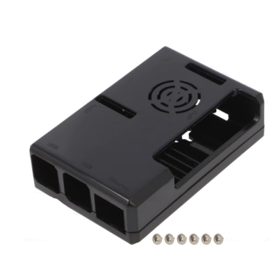 Caixa preta para Raspberry Pi com ventilação em plástico rígido e parafusos