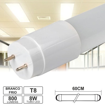 Lâmpada LED T8 branca fria de 60 cm com pinos metalicos