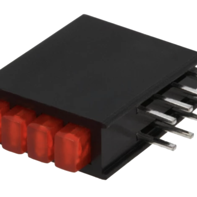 Conector elétrico preto com botões vermelhos e terminais metálicos