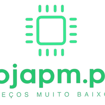 Logotipo verde sobre fundo preto com chip eletrónico e texto lojapm.pt PREÇOS MUITO BAIXOS