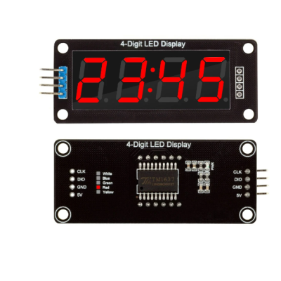 Placas eletrónicas pretas com visor LED vermelho e texto branco