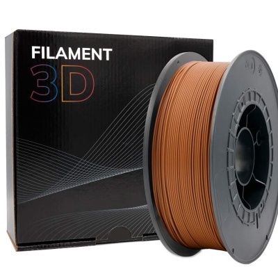 Rolo de filament 3D castanho com caixa preta etiquetada