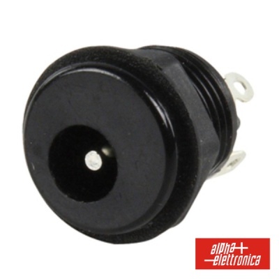 Conector de alimentação DC preto com pino metálico central e logótipo alpha elektronica