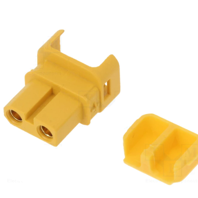 Conector elétrico amarelo com duas entradas e tampa removível