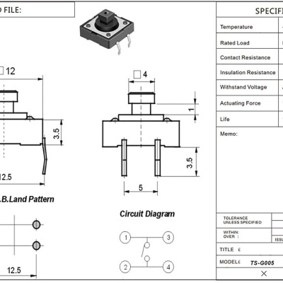 Esquema técnico de interruptor tátil com dimensões e especificações técnicas