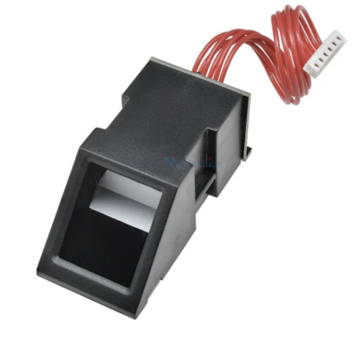 Leitor biométrico preto com sensor e cabo vermelho com conector branco