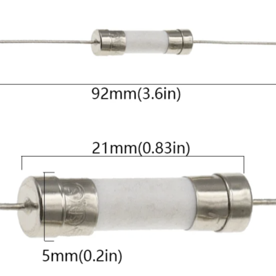 Fusível cilíndrico branco com terminais metálicos e fios