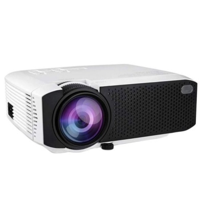 Projetor multimédia branco e preto com lente grande destacada e textura perfurada