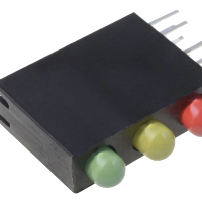 Componente eletrónico preto com três LEDS coloridos verde, amarelo e vermelho