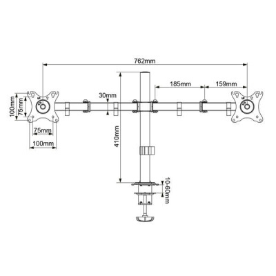 Suporte duplo para monitores com medidas detalhadas em milímetros