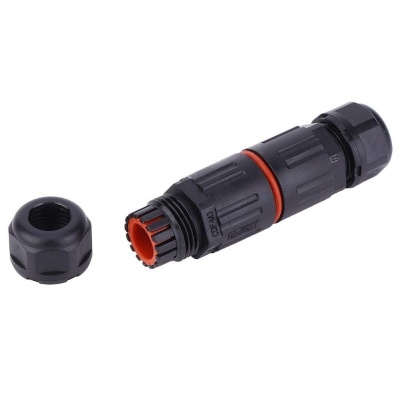 Conector elétrico cilíndrico preto com anel vermelho e tampa separada