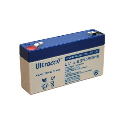 Bateria recarregável VRLA Ultracell azul e creme com texto técnico