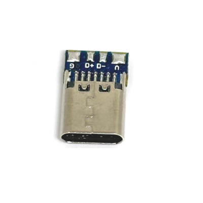 Conector USB Tipo C metálico com base azul e componentes eletrônicos