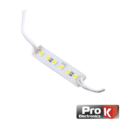 Módulo de luz LED branco com seis LEDs amarelos e cabos brancos.