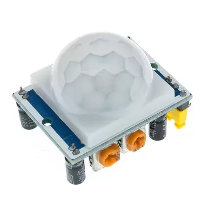 Sensor eletrônico branco com placa azul e componentes pretos e amarelos