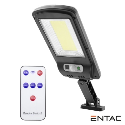 Luminária LED exterior preta com comando remoto branco e logótipo ENTAC