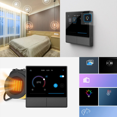 Quarto moderno com cama bege e termostato digital preto na parede