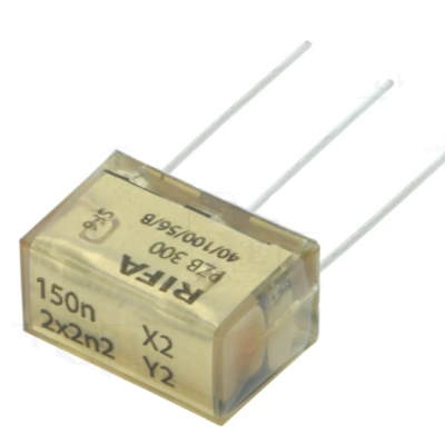 Componente eletrónico retangular transparente e bege com três terminais.