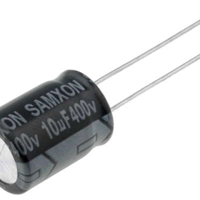Condensador eletrolítico preto com texto branco SAMXON 400v 10 µF 400v
