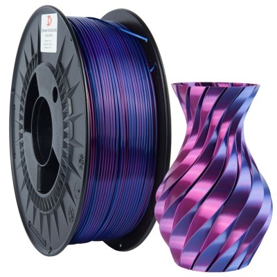 Bobina de filamento PLA para impressão 3D e vaso impresso 3D em azul e rosa