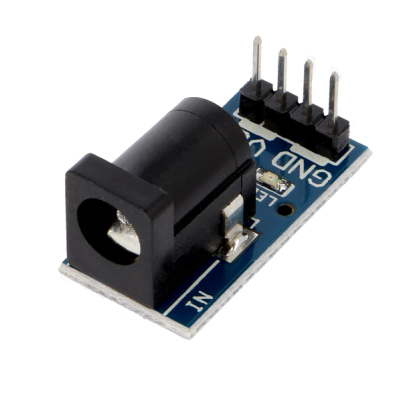 Módulo conector DC Jack com base azul e quatro pinos de conexão