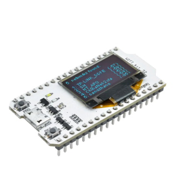 Placa eletrónica com ecrã OLED azul e preto e vários componentes