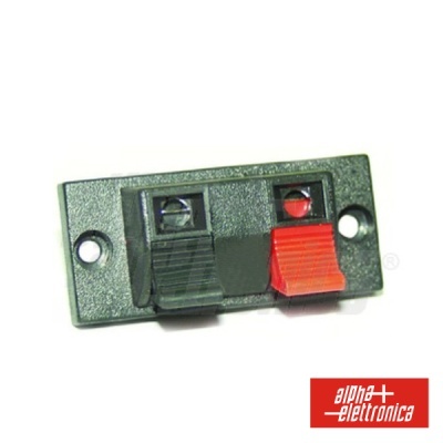 Conector de colunas preto com terminais vermelho e preto e logótipo Alpha Elettronica