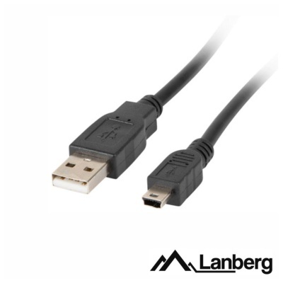 Cabo USB preto com conector USB tipo A e Mini USB, logótipo Lanberg
