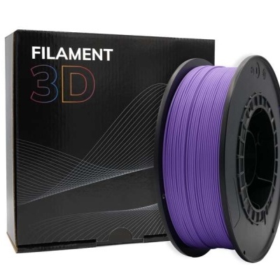 Rolo roxo de filamento 3D com caixa preta e texto FILAMENT 3D.