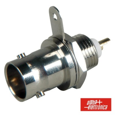 Conector BNC metálico cromado com pino dourado e suporte de fixação