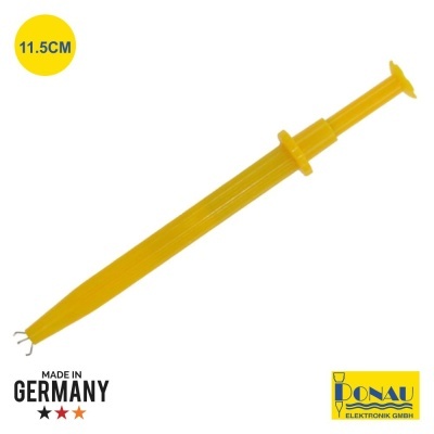 Dispositivo amarelo tipo seringa com fios metálicos, 11,5 cm, MADE IN GERMANY, logo DONAU ELEKTRONIK
