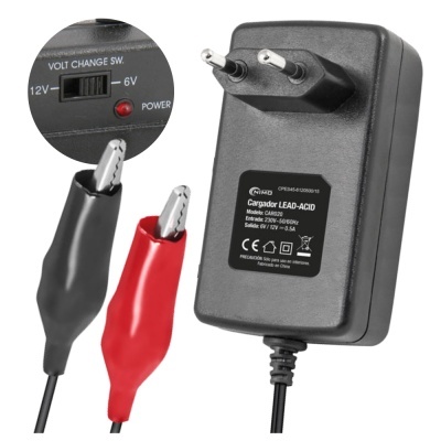 Carregador LEAD-ACID preto com clipes de crocodilo vermelhos e pretos e plugue europeu