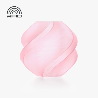 Objeto decorativo rosa com padrões ondulados e texto RFID