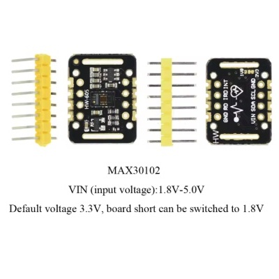 Componentes eletrónicos MAX30102 com conectores amarelos e texto técnico