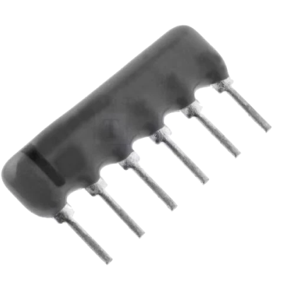 Componente electrónico preto com seis terminais metálicos